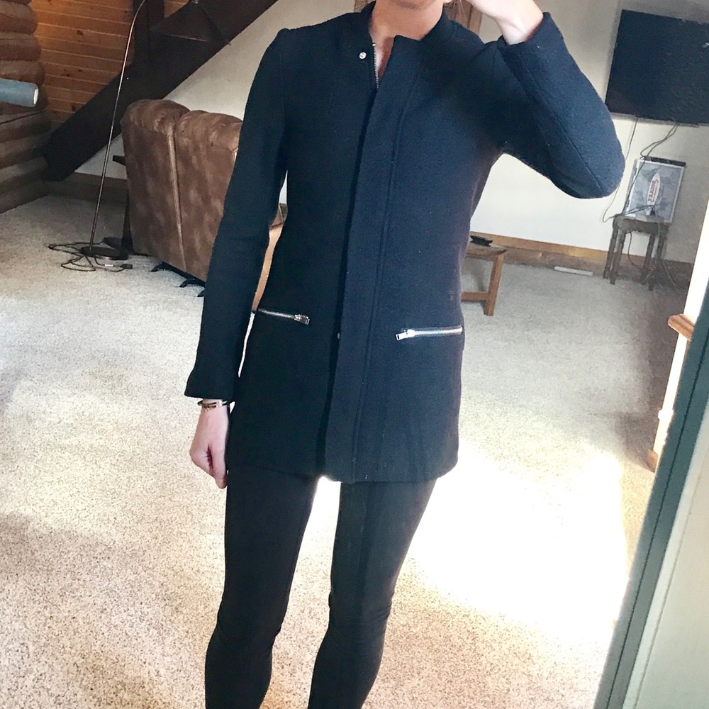 Wool Black Full Zip Military Coat, XS/S